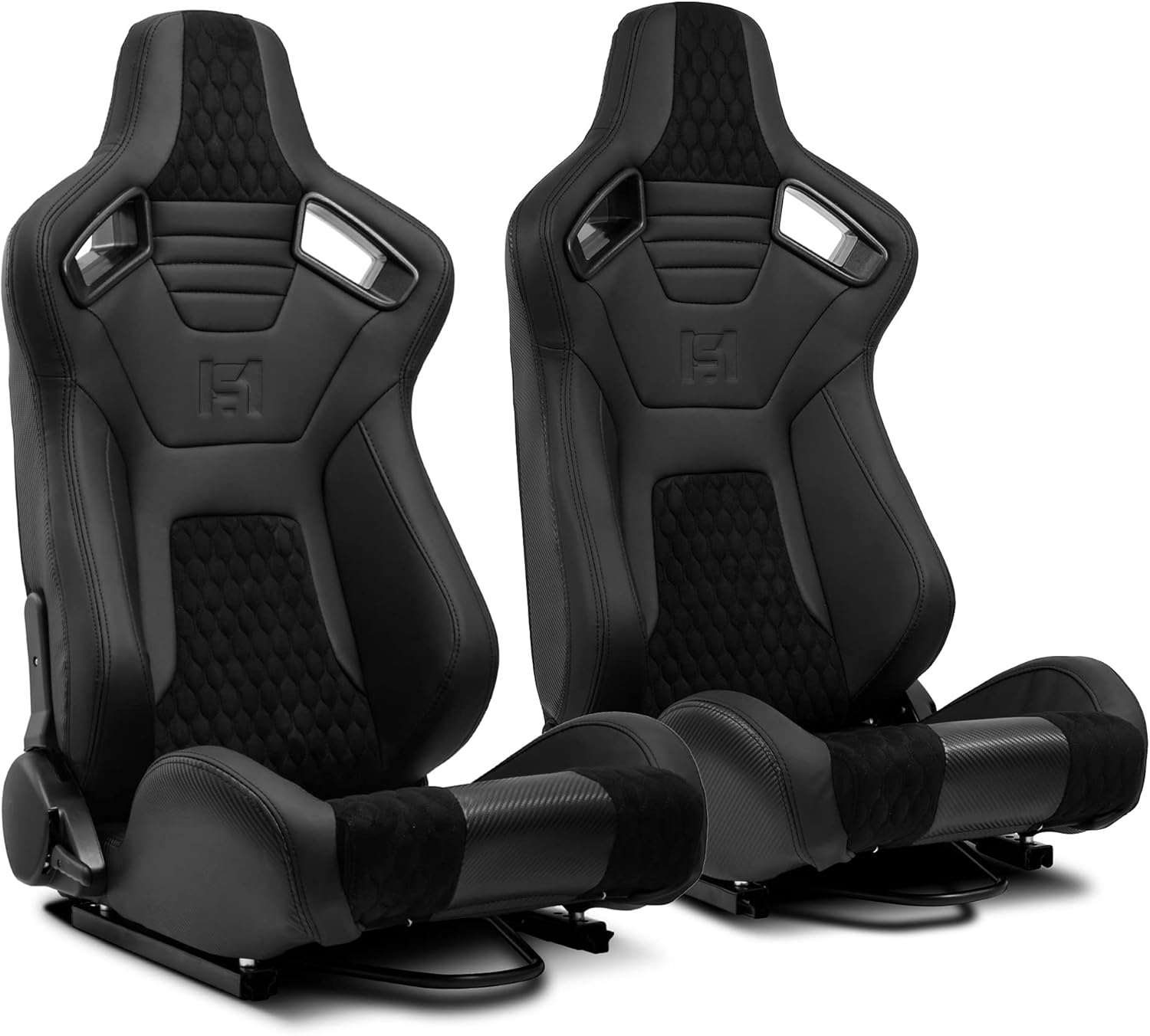 ModifyStreet Pair of All Black PVC w/Suede Snake Pattern & Rear Carbon Fiber Style leather Reclinable Racing Seats W/Silders