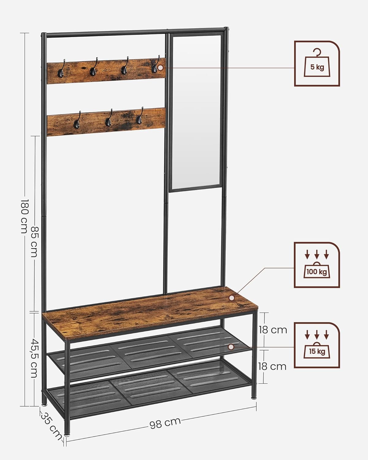 Diagram showing VASAGLE Hall Tree dimensions and load capacities