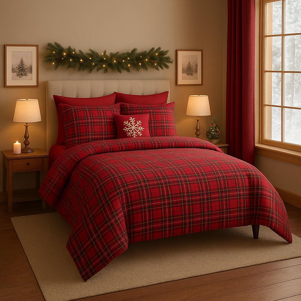 INTRECCI Parure Copripiumino Natalizio Tartan Scozzese Rosso 1 Piazza e Mezza, Set Sacco Piumino e Federe in Puro Cotone Fantasia di Natale Tartan Parure Letto Piazza e Mezza
