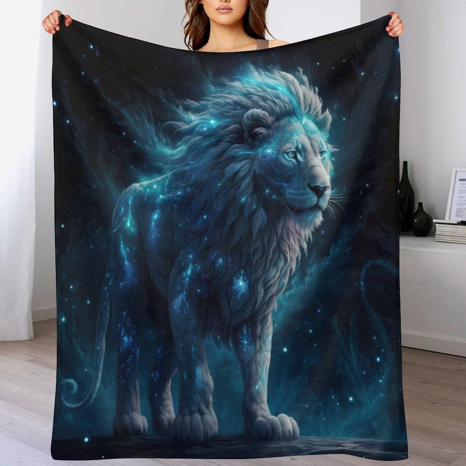 Plaid lion cosmique bleu anti-froid couverture microfibre douce pour stopper les frissons au lit