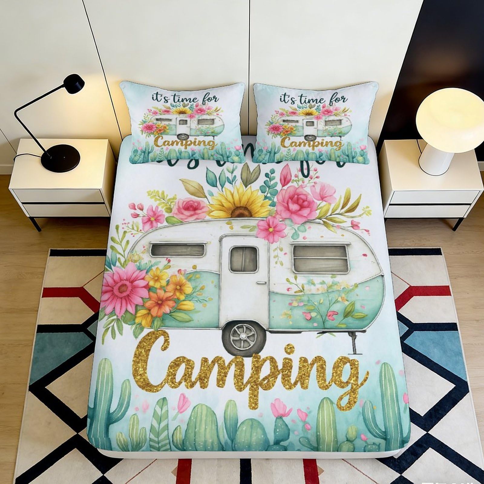 3D Printed Floral Camper Fitted Sheet Microfiber Soft Breathable Cactus Bed Sheet for Bedroom Dormitory Guest Room Mattress Protection Decor 180x200x25cm