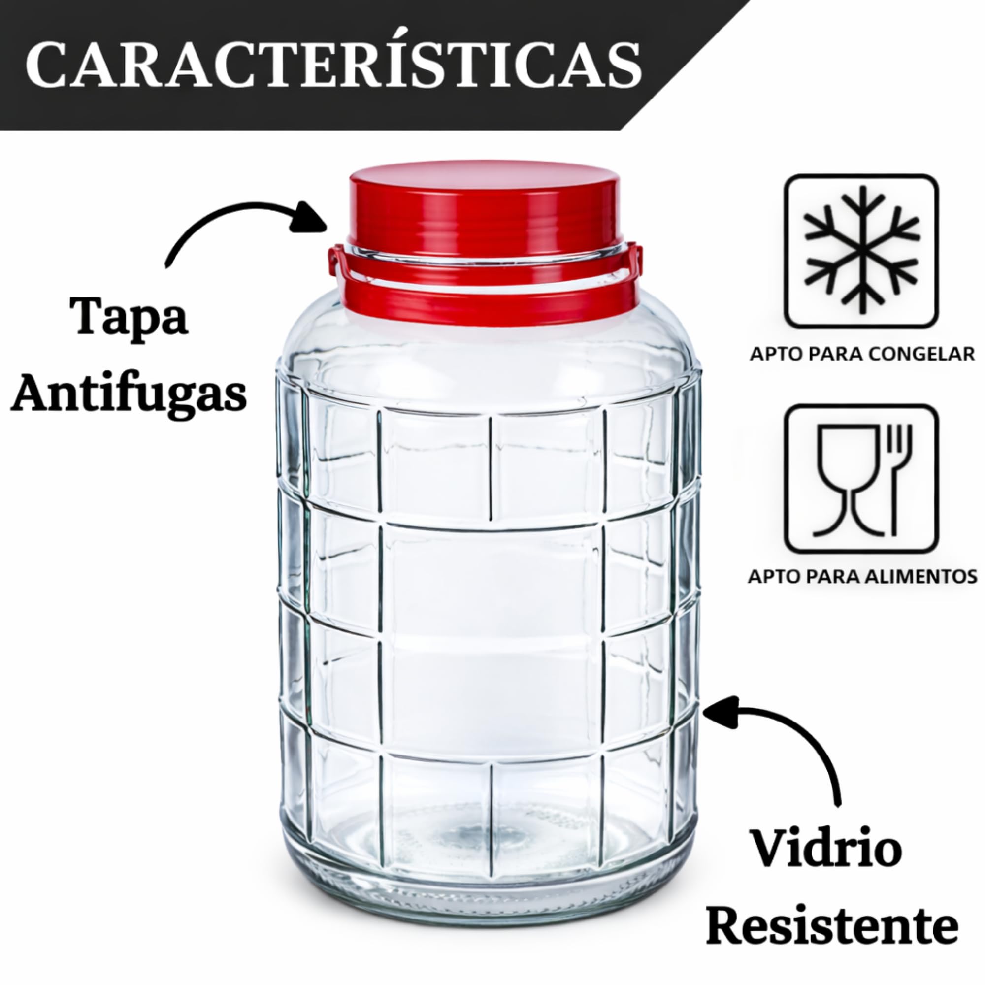 Bote de Cristal Grande con Asa de 5 Litros y Doble Tapa - Garrafa de Vidrio de 5 Litros con Asa - Perfecto para Alimentos Humedos y Secos, Encurtidos, Artículos - Bidón de Vidrio Resistente (1)