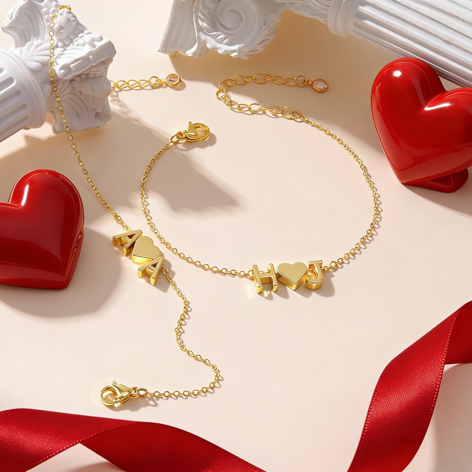 Turandoss 2 Initial Heart Bracelets for Women – Dainty Layered 14K-Gold-Plated Heart Letter A-Z Charm Bracelets, Birthday Gifts for Women Girls Mom Daughter Jewelry - Image 6