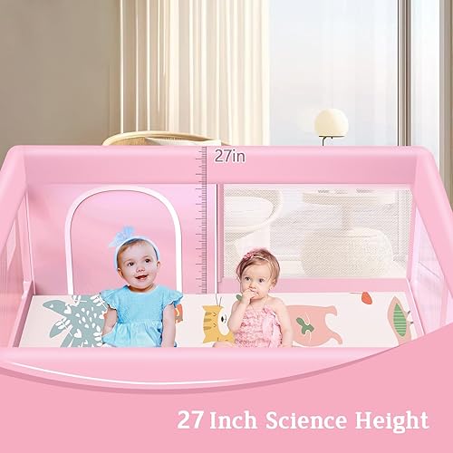 Miniatura 6 de Corralito rosa para bebés con alfombra, corralito de 50 x 50 pulgadas con tapete impermeable para bebés y niños pequeños, corralito para niñas,