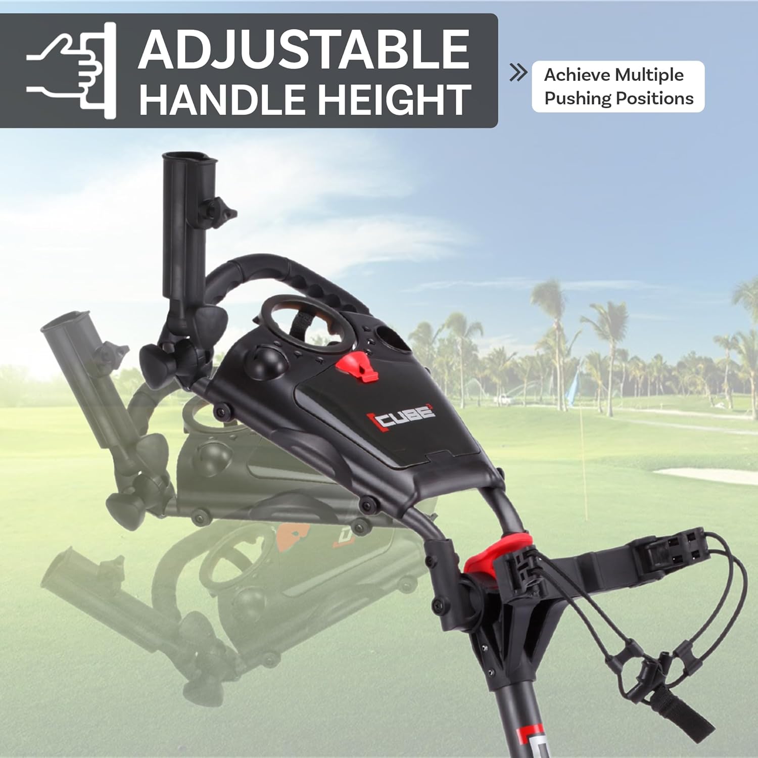 Image showing the adjustable handle height feature of the CUBE CART.