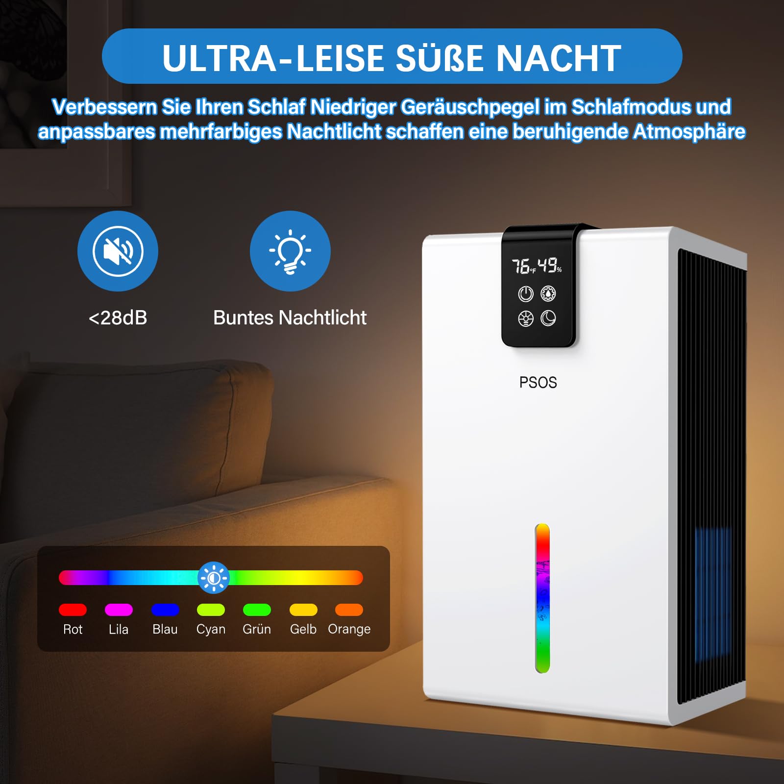 PSOS Luftentfeuchter, 2800ML Elektrischer Luftentfeuchter mit Ultra-Leise Automatischer Abschaltung, 7 Farben Licht Entfeuchter für Keller Badezimmer, Raumentfeuchter Dehumidifier für Schlafzimmer
