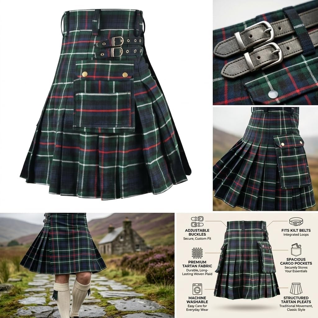 Tartan Utility Kilts for Men Tartan Kilt with Straps and Large Cargo Pockets