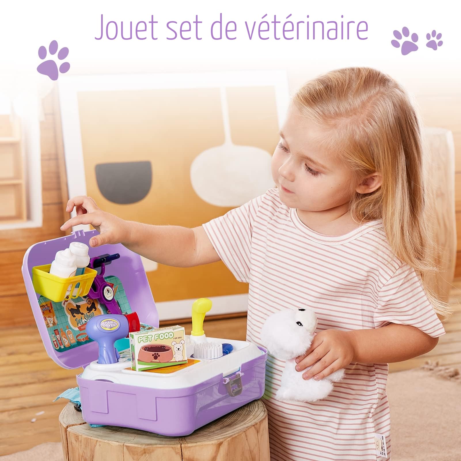HERSITY Malette Veterinaire Enfant avec Peluche Chien Jeux D'imitation pour Toilettage de Chien Cadeaux d'anniversaire pour Enfants Garçons Filles 3 4 5 Ans