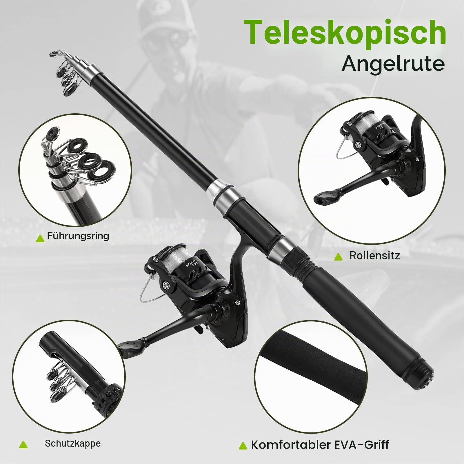 Lomffy Teleskop Angelruten und Rollen Kombi Set, 1.8M Angel Spinnruten Rollen Kombi Set mit Netto Kohlefaser Angelrute mit Tragetasche Angelrute Set mit Rolle Angelzubehör für Salzwasser Süßwasser