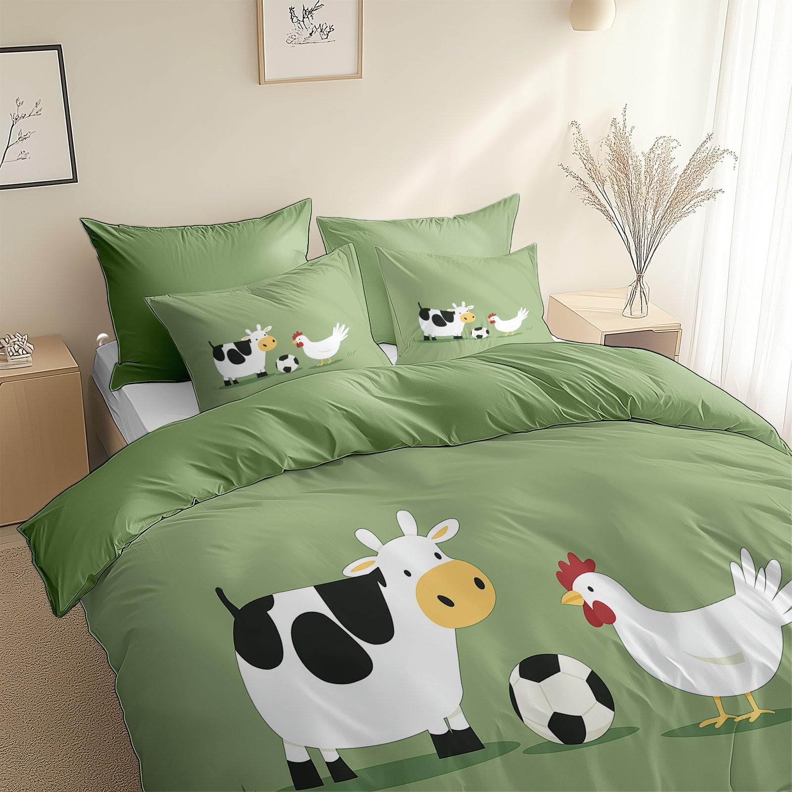 Housse de couette vert 160x200 cm avec taies imprimé vache poulet