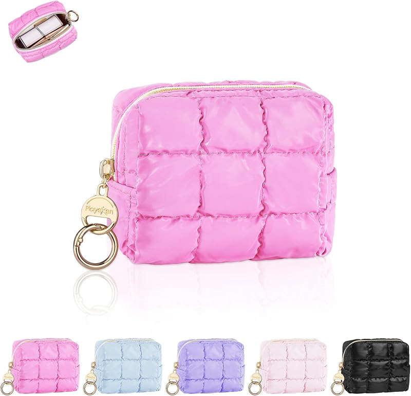 Necessaire de maquiagem Playexen Puffy Mini acolchoada Rose Red com zíper