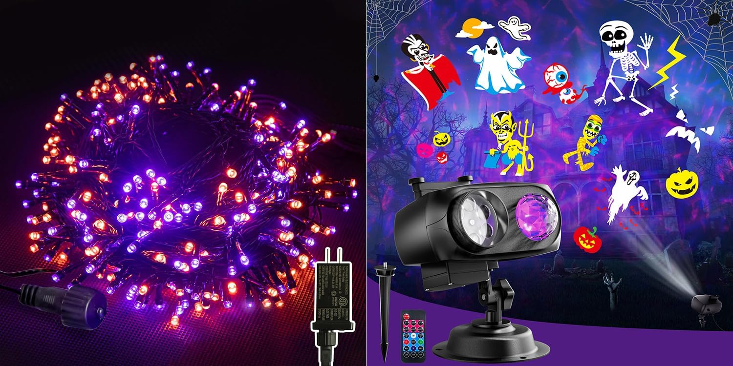 JACKYLED 300LED Purple & Orange Halloween Lights and 2 in 1 Halloween Projector Lights