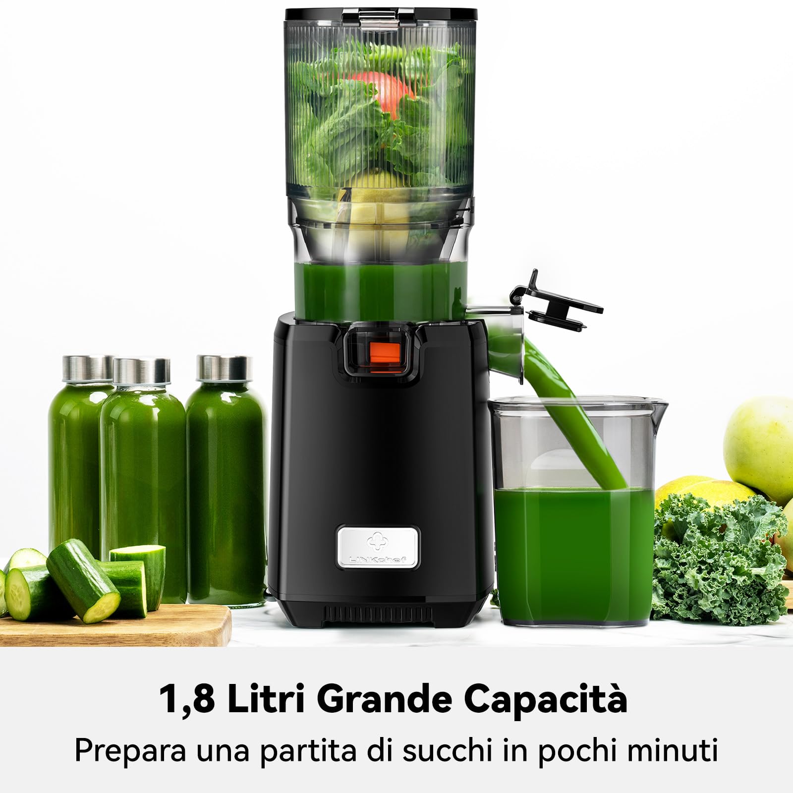 LINKChef Estrattore Frutta e Verdura con Centrifuga 130mm, Estrattore di Succo Slow Juicer, BPA-Free, Capacità 1.8L, Facile da Assemblare,Operazione One-Touch