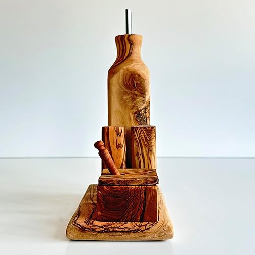 Miniatura 3 de Juego de botellas de aceite de madera de olivo orgánico y salero y pimentero: elegancia rústica para tu cocina
