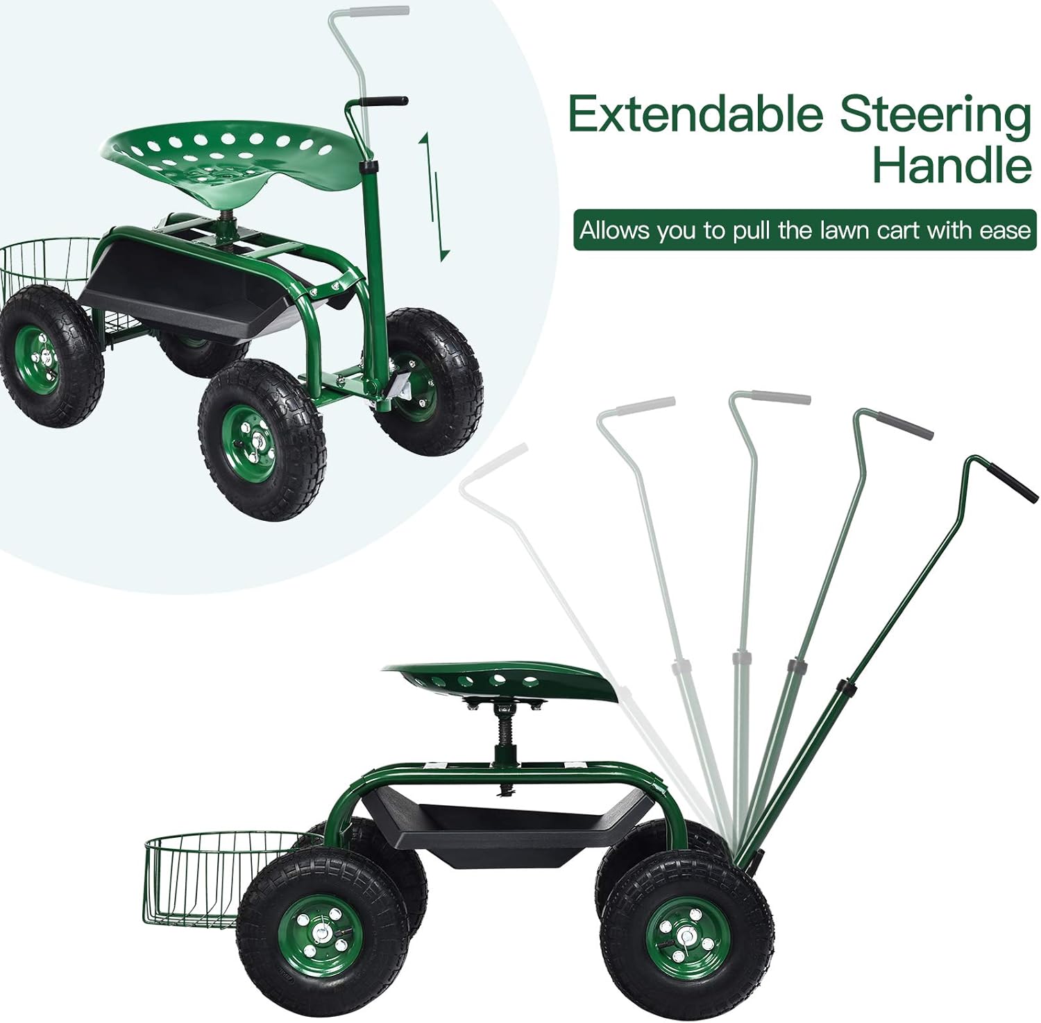 IRONMAX Garden Cart with Seat, Gardening Rolling Stool Scooter with 10’’ All-Terrain Wheels, Adjustable Steering Handle & Tool Tray and Basket for Outdoor Planting (Green)