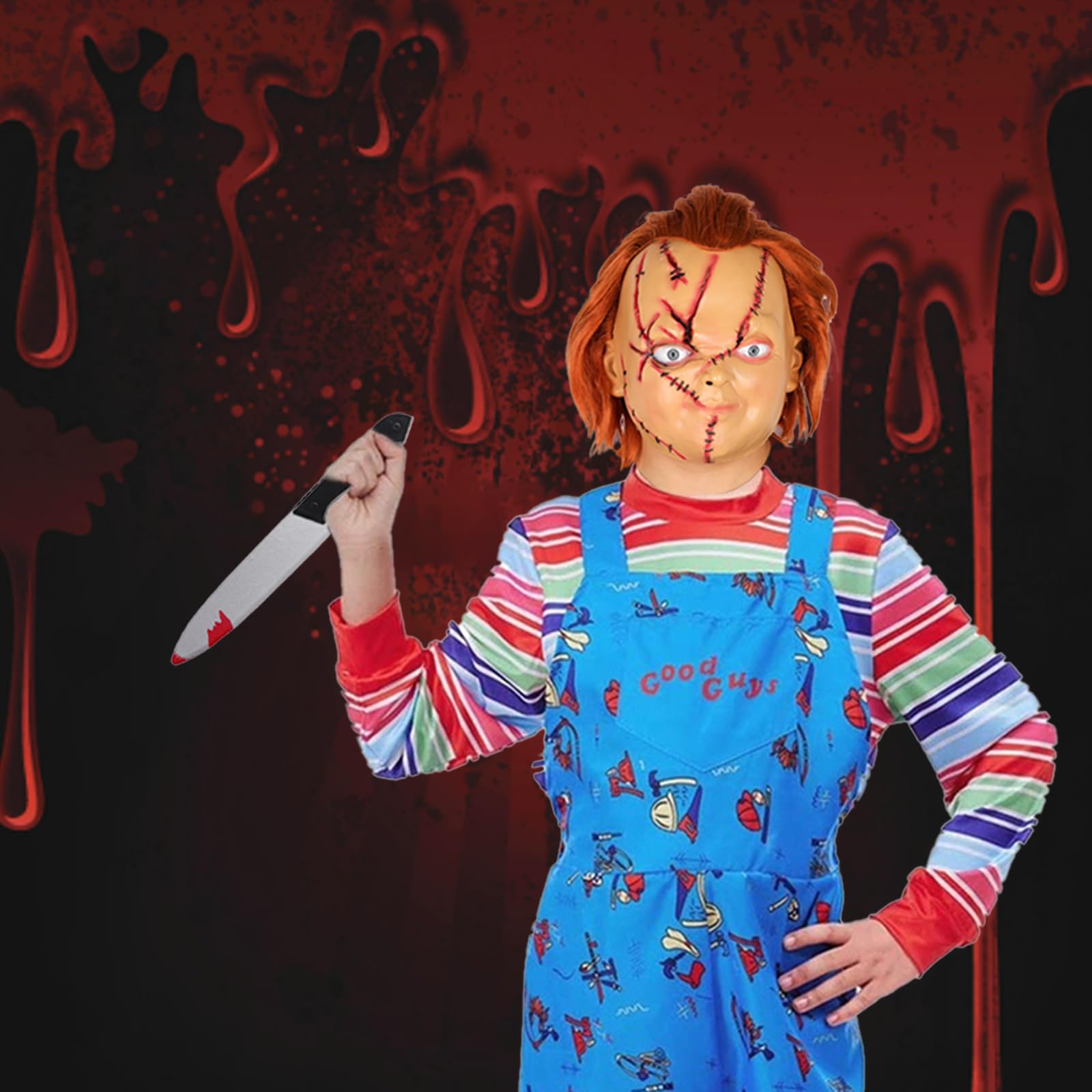 Chucky Costume per bambini, tuta Chucky con coltello adesivo per Halloween, Carnevale, Horror Killer, cosplay, ragazzi e ragazze