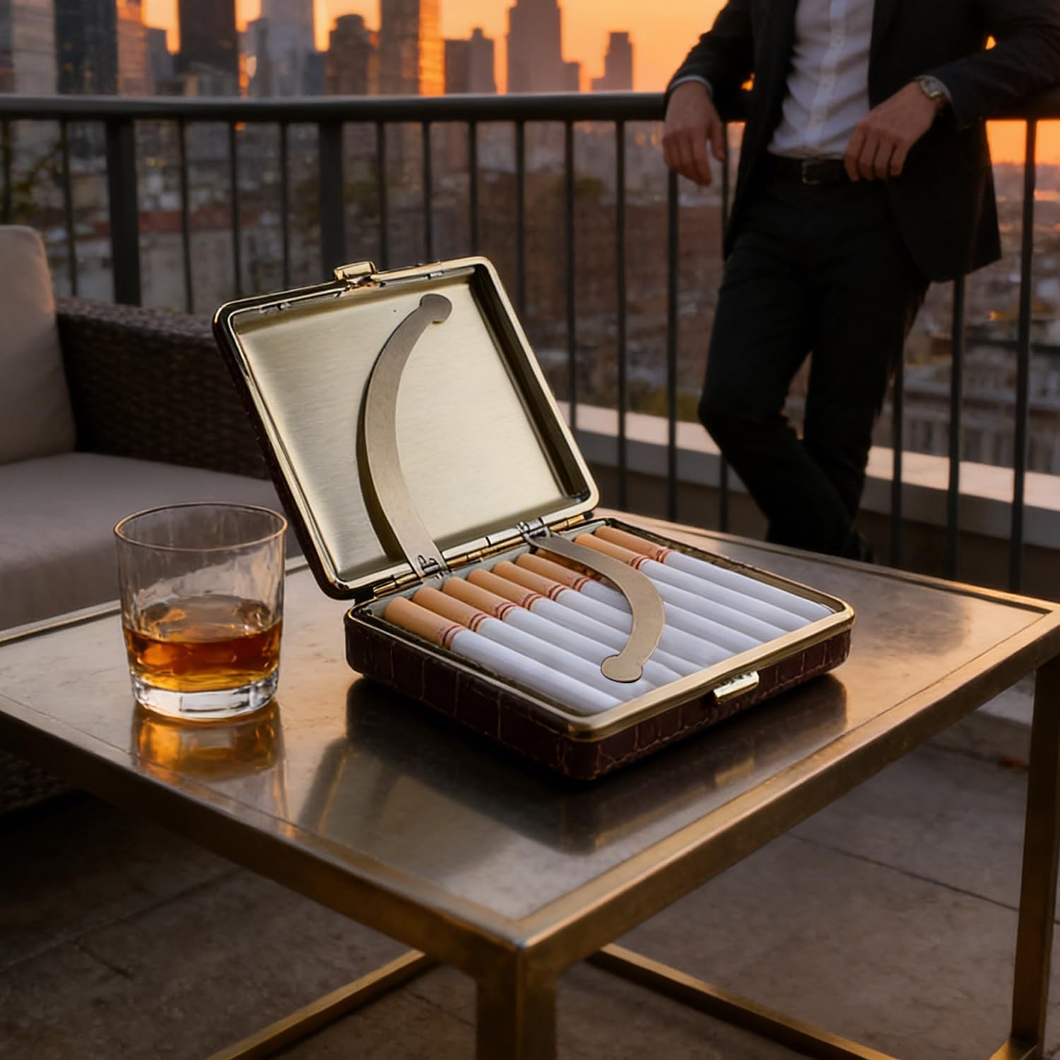 Crocodile Pattern Leather Cigarette Case with Gold Metal Trim, Portable Square Holder for 20 Cigarettes, Vintage Style for Men and Women（Brown）