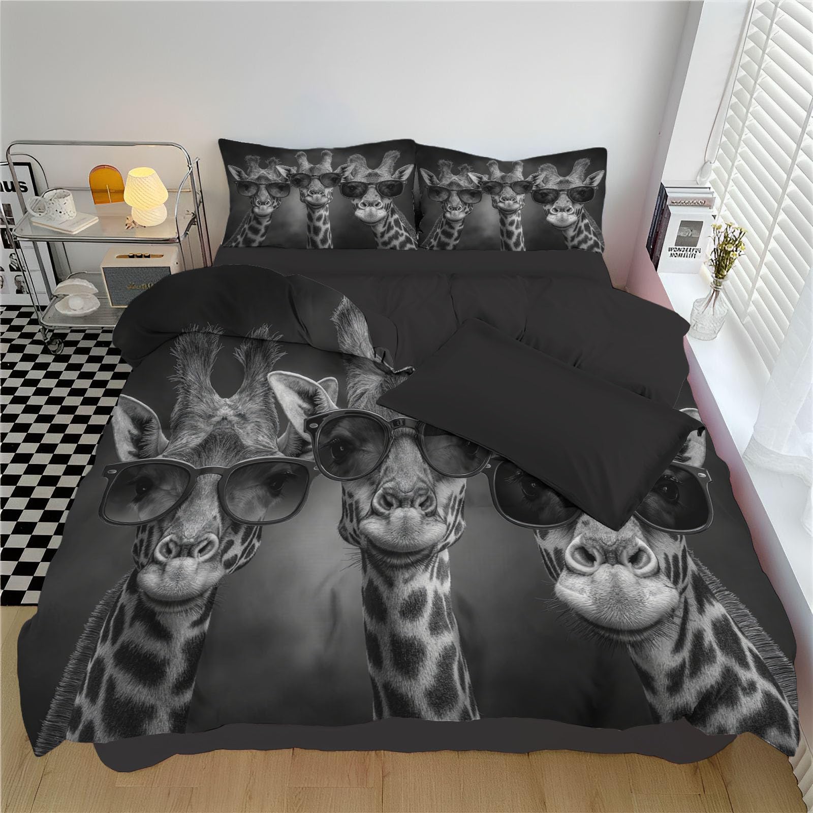 Parure de lit girafe noir et blanc 220x240 avec taies 65x65 housse couette microfibre douce