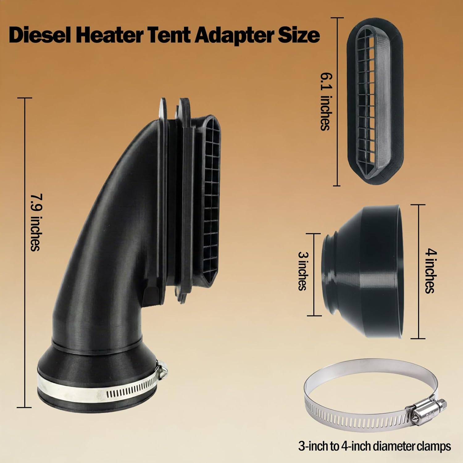 Diesel Heater Tent Adapter (3" to 4" Size),Tent Duct Nozzle and Air Intake Adapter for Diesel Heaters,High Temperature Resistant for Camping, Ice Fishing, Rooftop Tents(with Hose Clamps and Adapters)