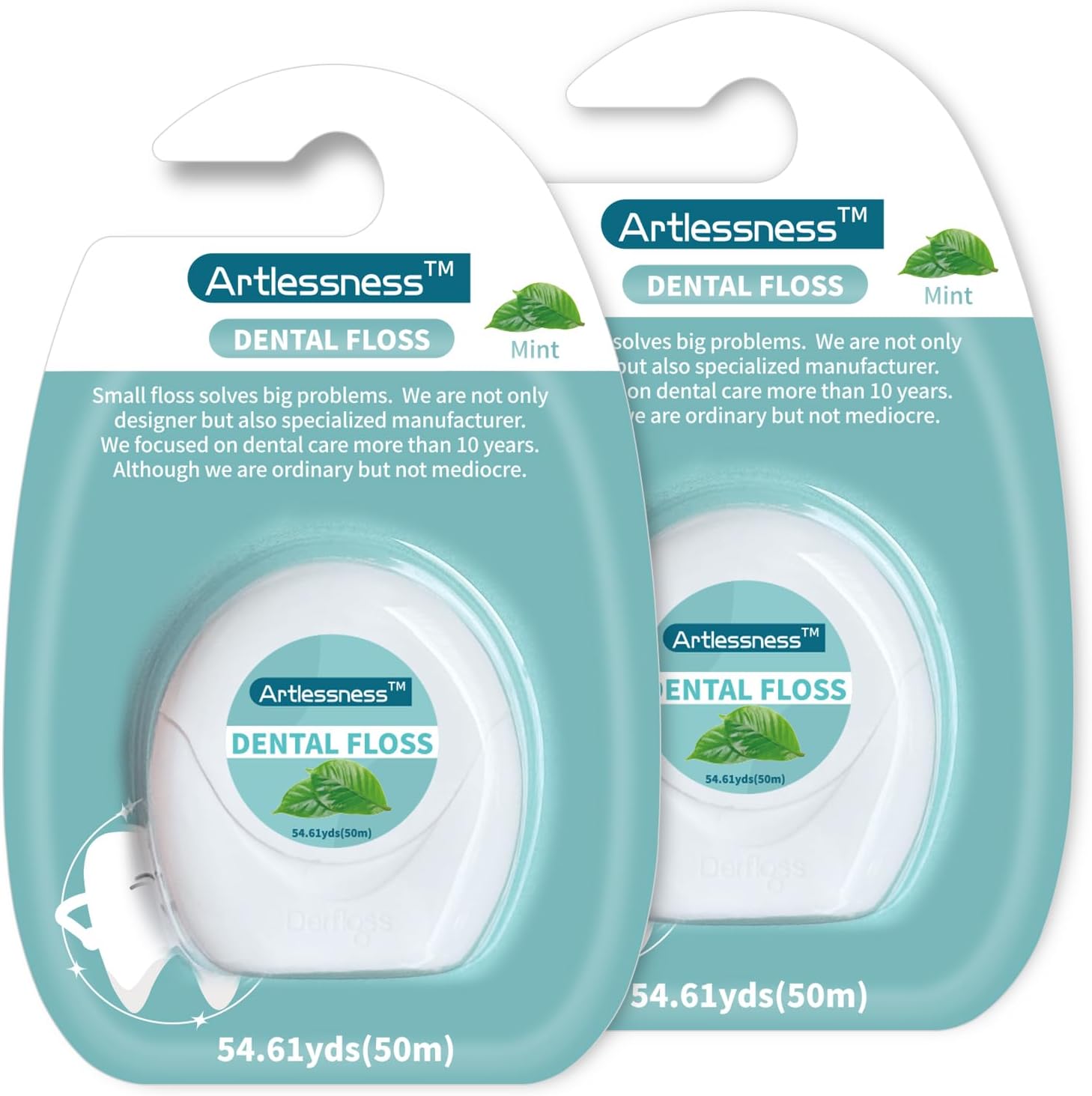 dental floss，Portable Micro Wax Flat Wire Floss, Effective Plaque Removal, Shred Resistant, Extra Wide Cleaning Surface, Smooth & Easy Slide, Mint Flavour- 54.6 Yards x 2 Units
