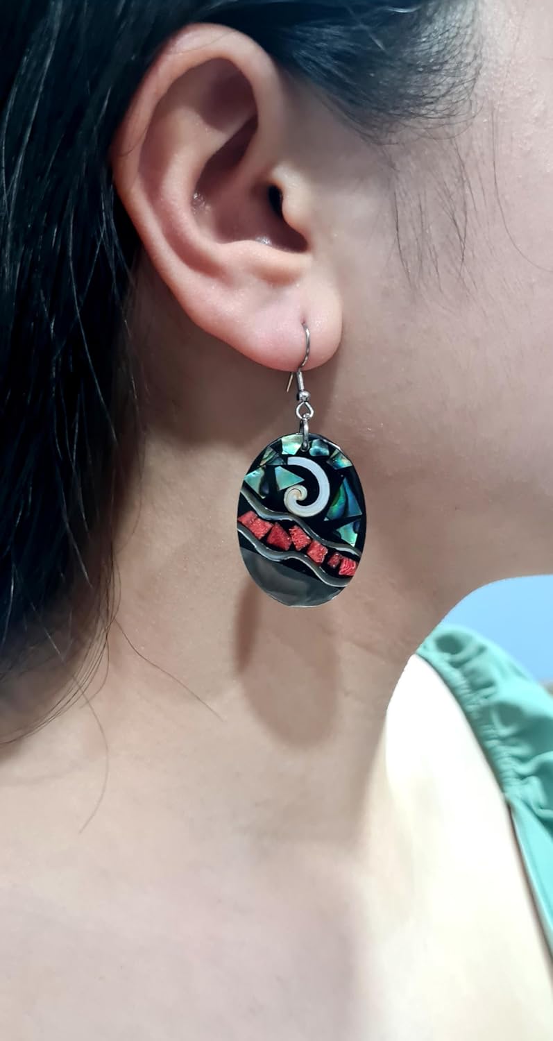 Oval Paua Abalone, Red Coral & Mother of Pearl Earrings, Dangle Drop Seashell Fashion Jewelry DA117 - Image 5