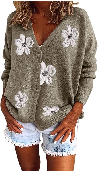 Womens Cardigan Sweaters Long Sleeve Embroidered Sweater with Buttons Casual Batwing Tops for Women
