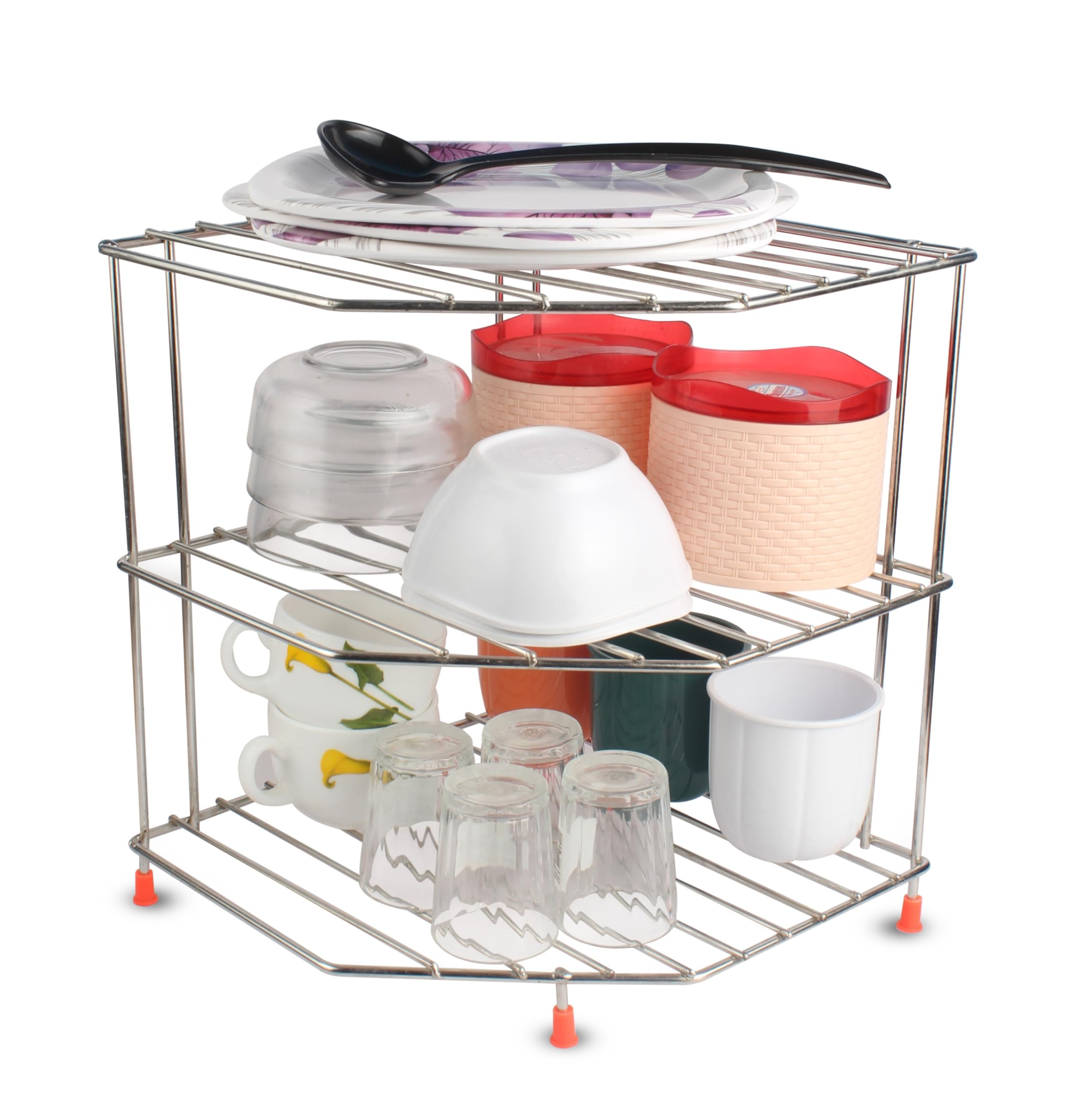Zepdos Steel 3-Tier Countertop Storage Rack For Corners, Shelf and Organizer, Spice Container, Utensils, Dish Rack for Kitchen, Jar Holder, Cup and Glass Corner Stand