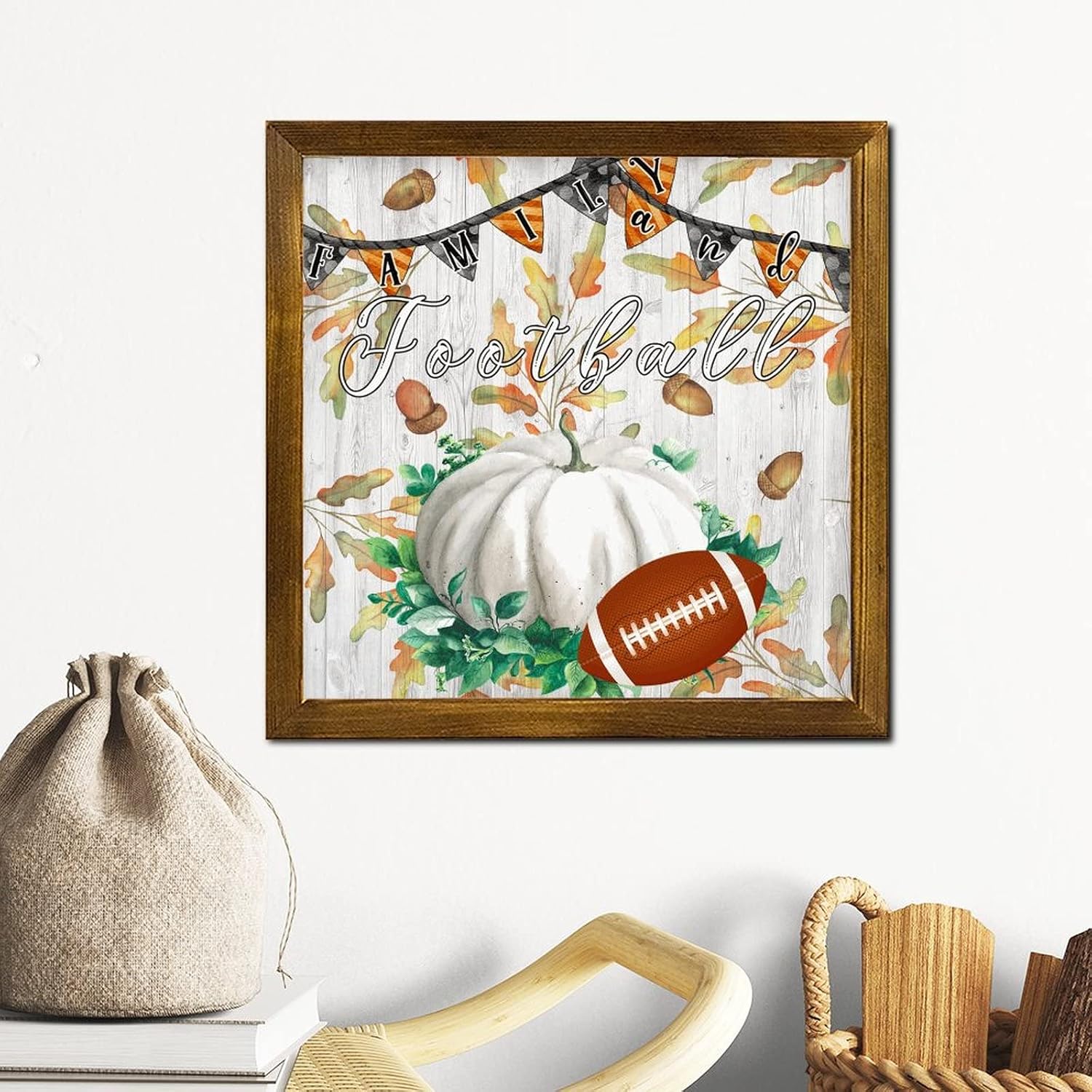 Family and Football Wood Framed Signs Autumn Pumpkin Sunflower Wall Decor Sign Retro Harvest Thanksgiving Hanging Wall Signs Decoration for Home Bathroom Indoor Kitchen Garden 12x12 inch
