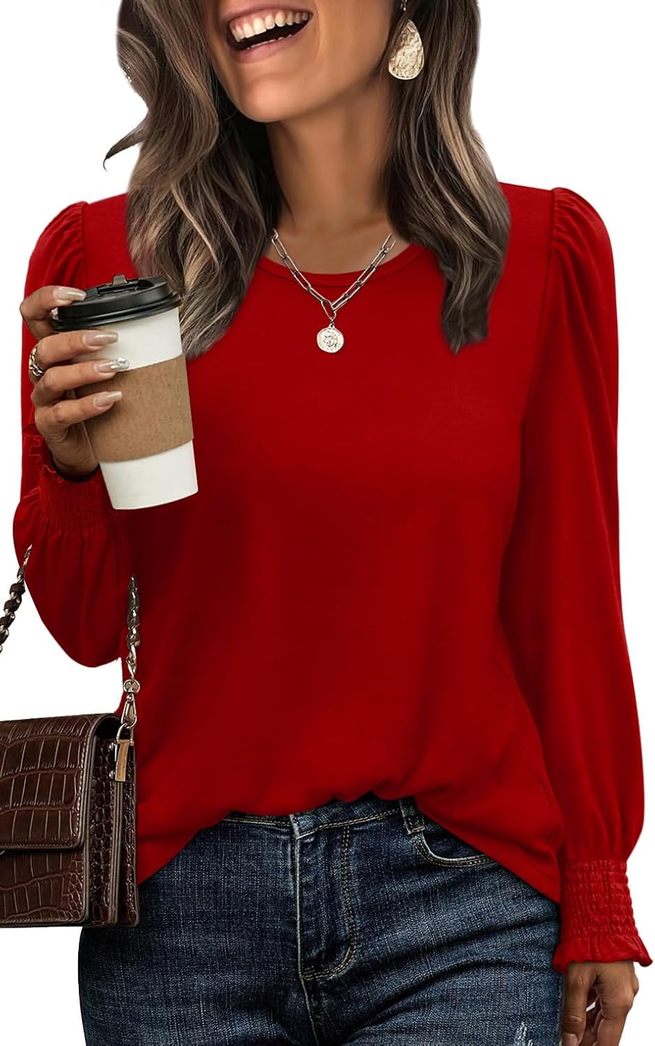 XIEERDUO Blouses for Women Dressy Casual Long Sleeve Shirts Fashion Clothing Puff Sleeve Tunic Tops with Smocked Cuffs