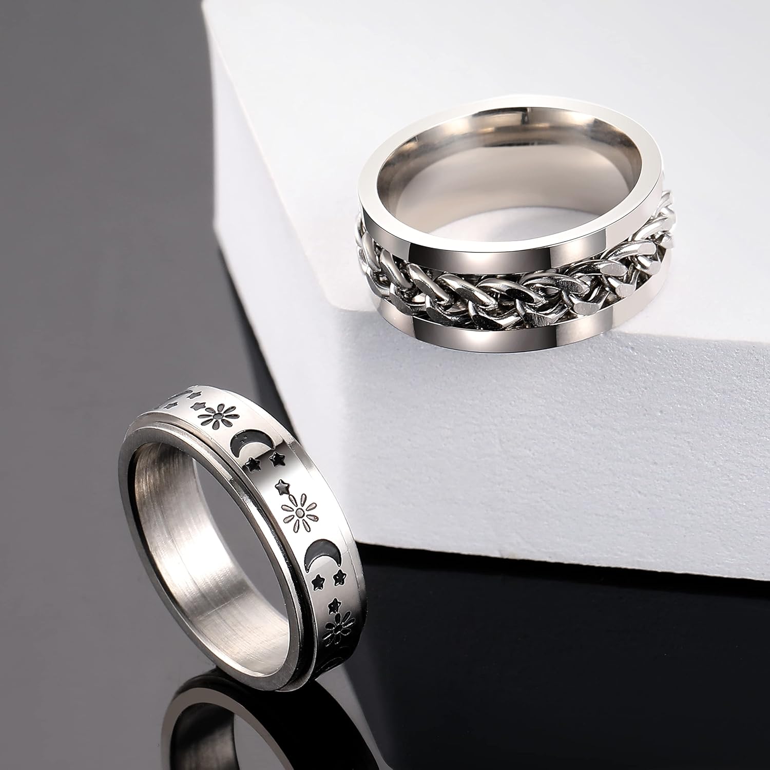 Miniatura 7 de KAERUN Juego de 8 anillos giratorios de acero inoxidable para mujer, anillo giratorio antiansiedad, luna giratoria, cristal, panda, corazón, alivio