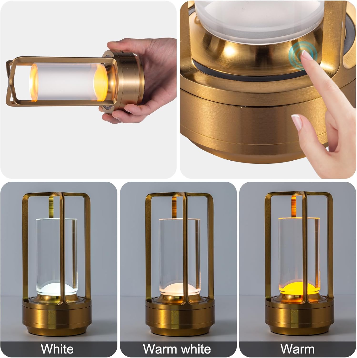 Rechargeable Cordless LED Table Lamp - Waterproof Portable Touch Dimmable Desk Light for Outdoor, Camping, Patio, Bedroom, Living Room - Night Light with Long Battery Life (Gold)