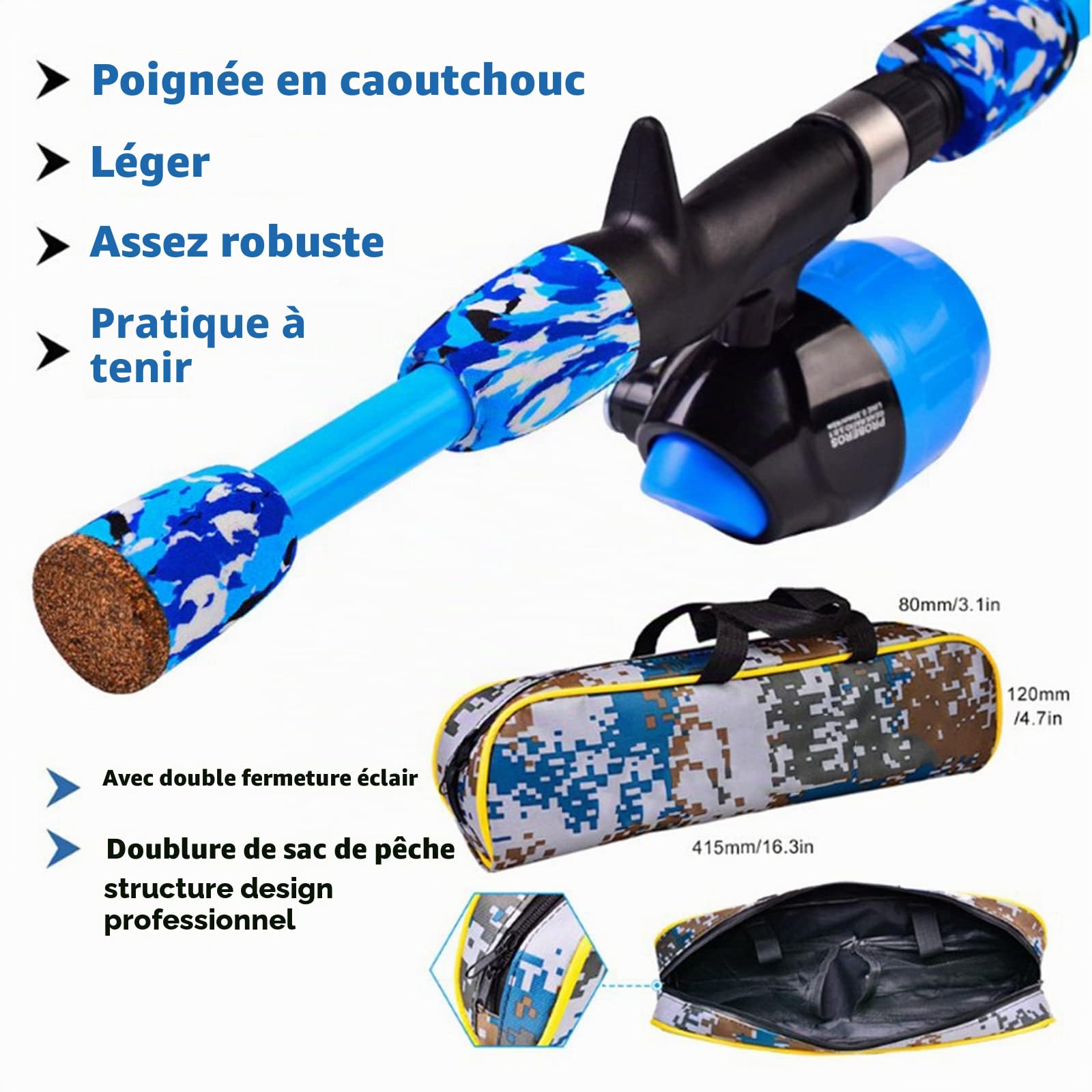 Joyeee Ensemble moulinet Spincast et canne à pêche pour enfants, boîte de matériel de pêche, équipement de pêche pour enfants, accessoires de leurres de moulinet, design sans nœuds, poignée de