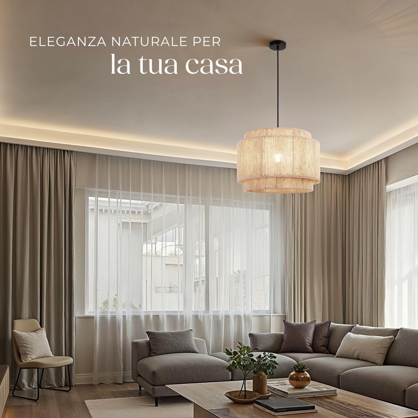 tectake® lampada a sospensione boho chic, lampadario cucina in juta a 3 livelli, paralume intrecciato E27, plafoniera soffitto, lampadario soggiorno, salotto, arredamento casa, 40W - Ø 46 x 32 cm
