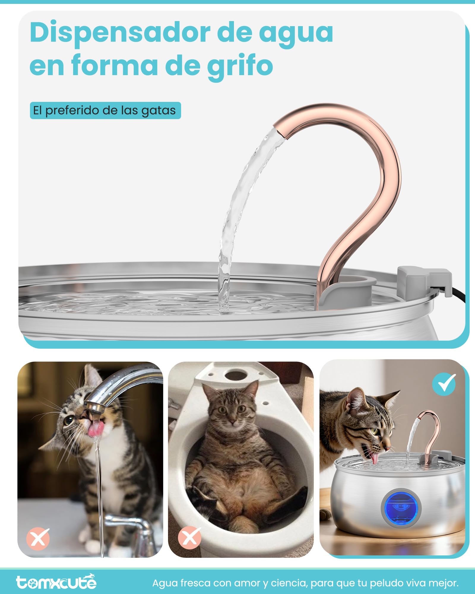 TOMXCUTE Fuente Gatos 4L con Nivel Visible para Varias Mascotas | Bomba silenciosa con cuello de cisne y 3 filtros para agua limpia y fresca cada día