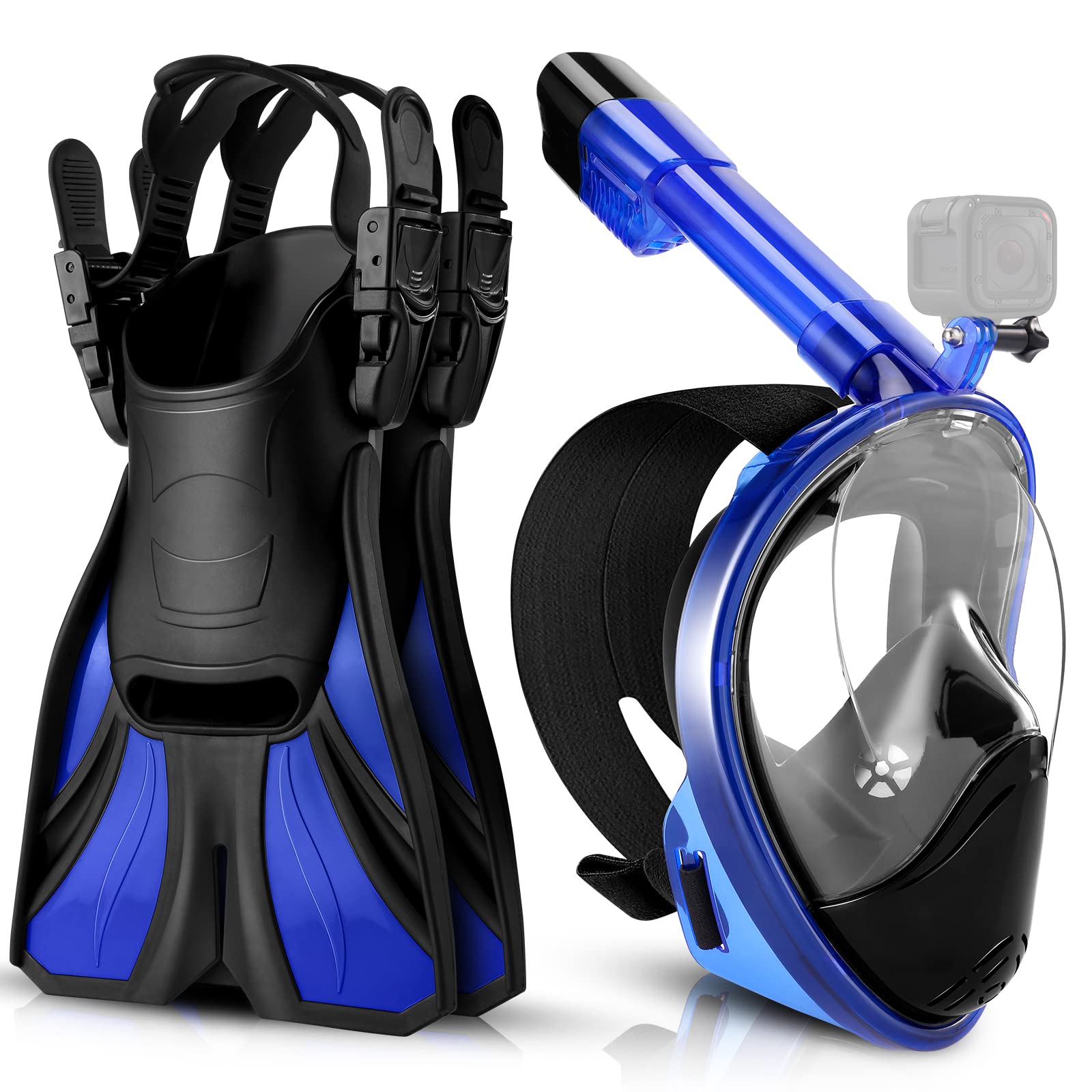 Odoland Snorkeling Packages, Full Face Snorkel Mask for Adults & Youth with Camera Mount, Adjustable Swim Fins, Anti-Fog Anti-Leak Diving Gear for Men Women Teens