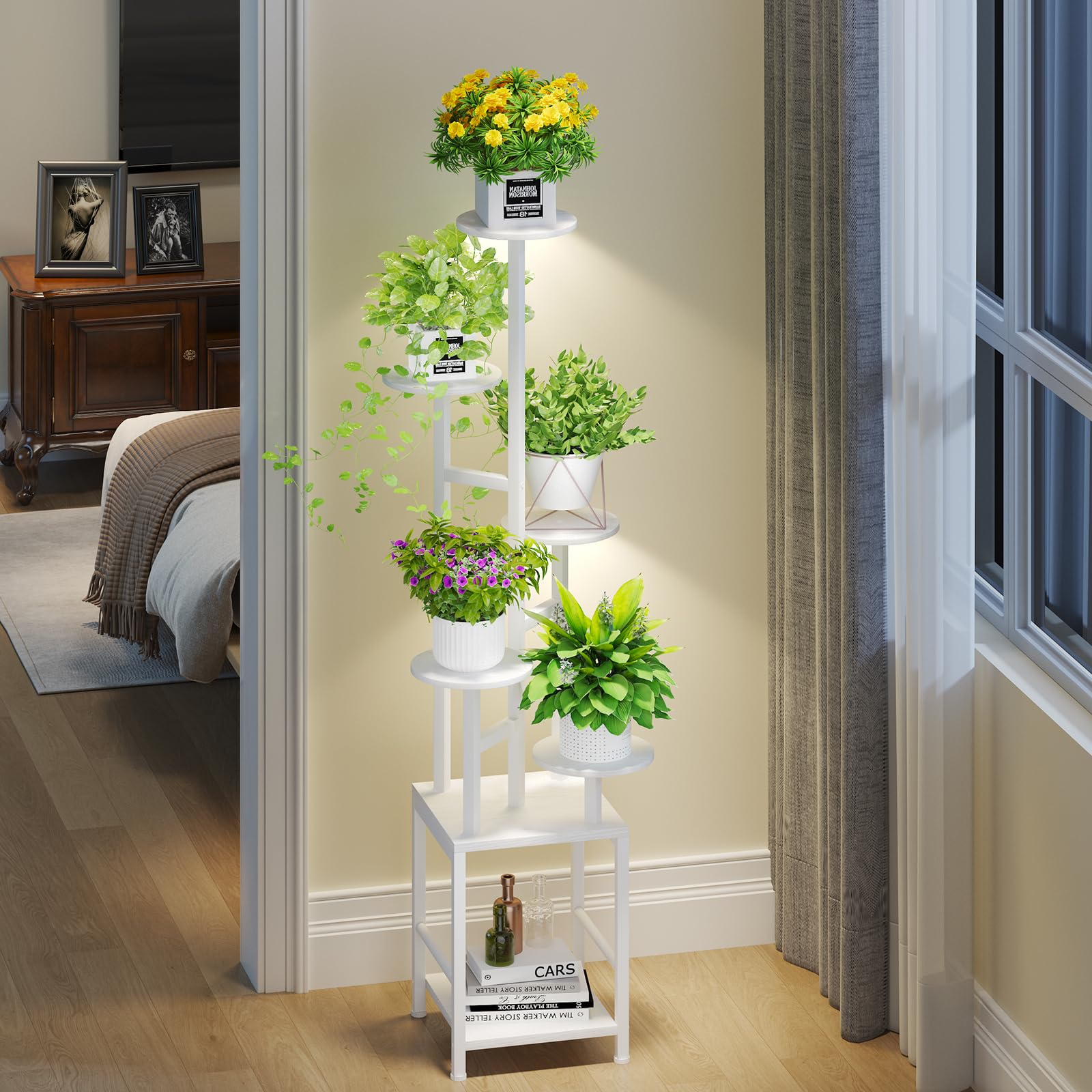 Homsorout Plant Stand Indoor with Grow Light, 6-Tiered Tall Plant Stand Indoor, Metal Plant Shelf with Hanging Basket Hook and Adjustable Light, Ideal