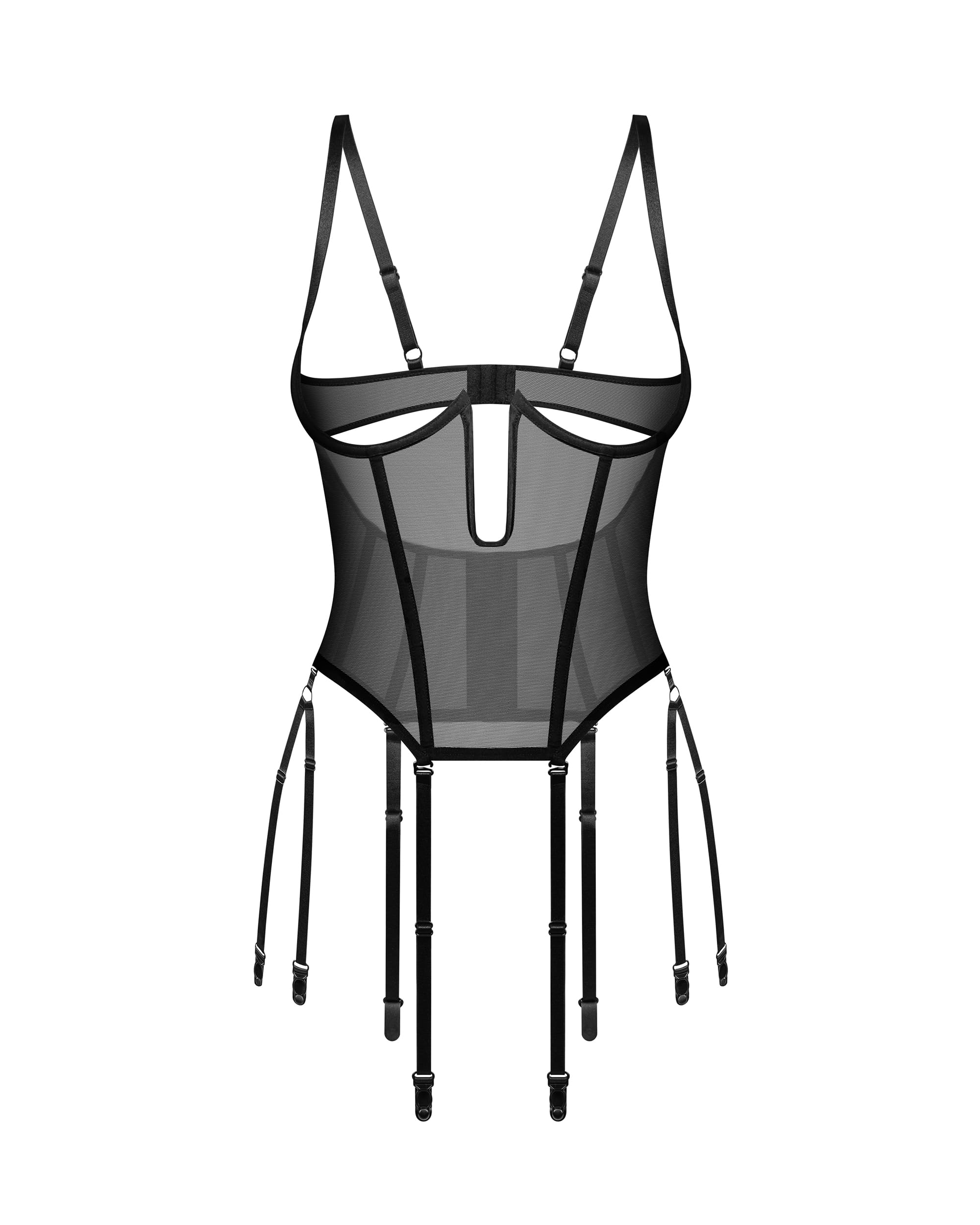 Selente Love & Fun Provocante Completo Intimo a 3 Pezzi: Guepiere, Tanga e Benda per Occhi in Raso. Made in EU. Per Donne Audaci, Europee. Donna. Nero