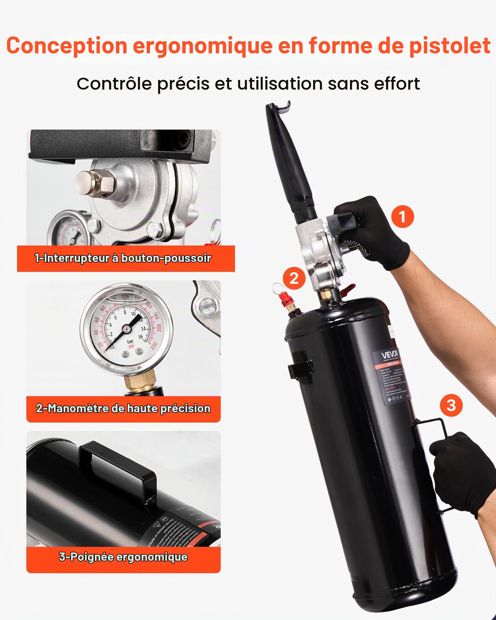 VEVOR Booster de Pneu 8 L, Canon à Air Portable, avec Pression de Service 0,6-0,8 MPa, Gonfleur Pneumatique de Pneu, pour Voiture, SUV Compact, Camionnette, Vélo Électrique, Camping-car, VTT, Noir