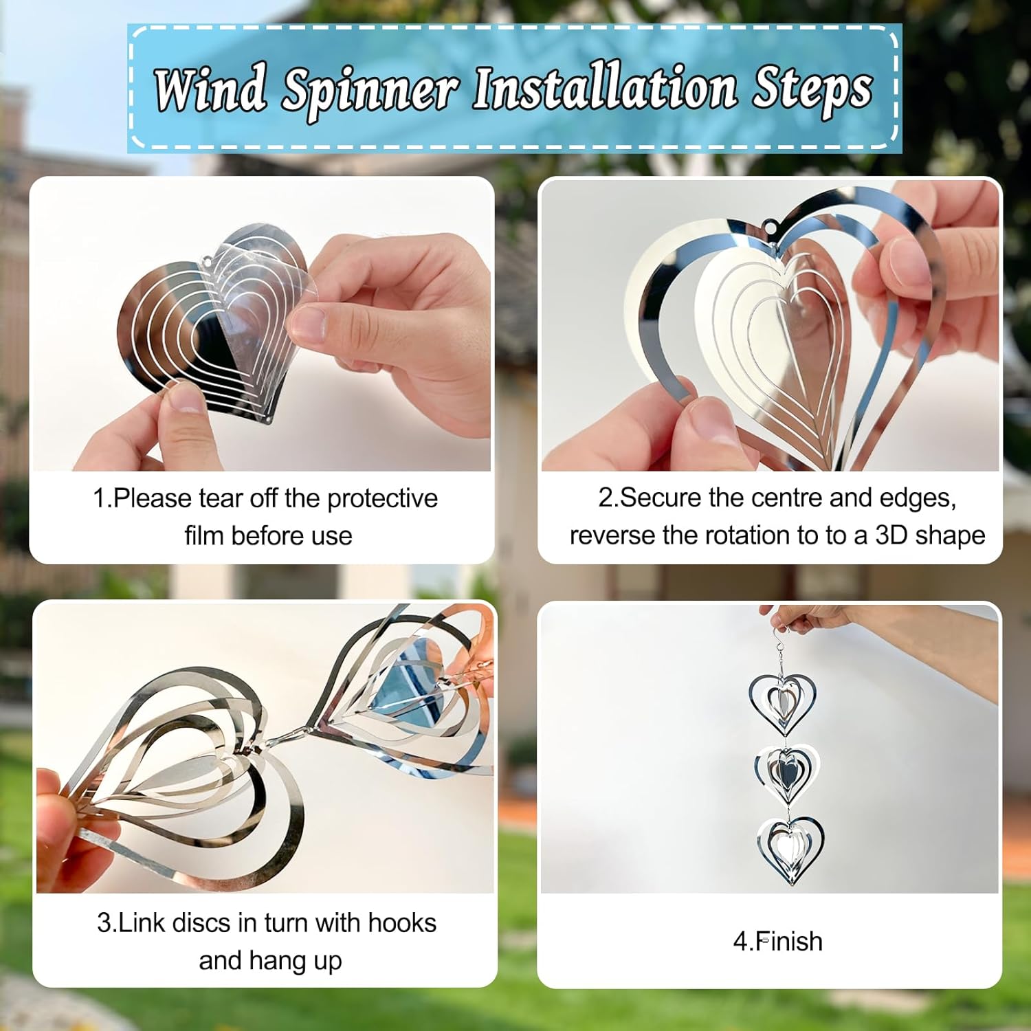 DELAVIDA Stainless Steel Bird Scare Devices, 3D Wind Spinners Outdoor, 9 Discs Set, Reflective Decor to Keep Swallow Pigeon Sparrow Away from House Patio Garden (Heart)