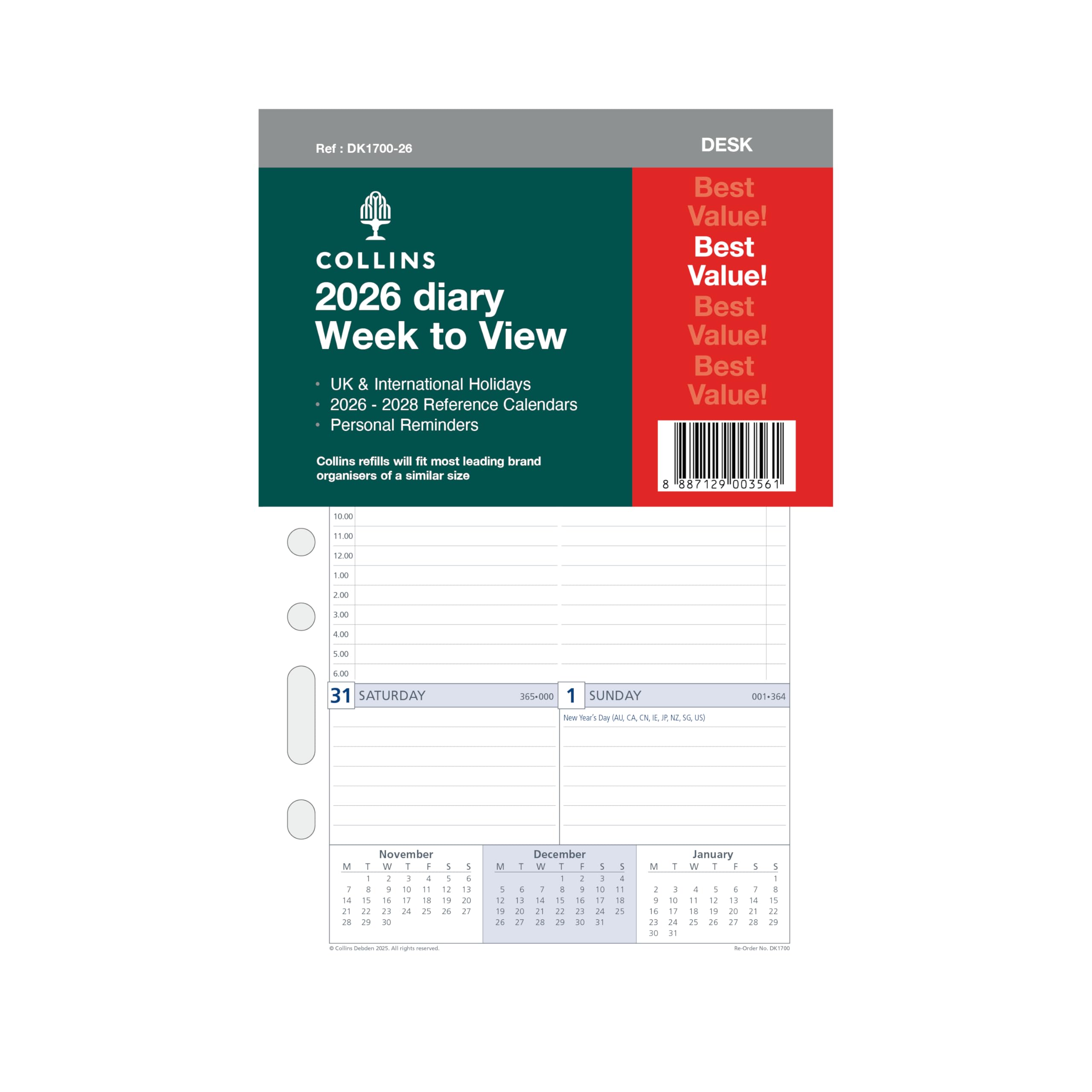 Collins - DayPlanner Refills - 2026 12 Month Calendar Year Planner, Week-To-View with Appointments Desk Diary Refill (DK1700-26)