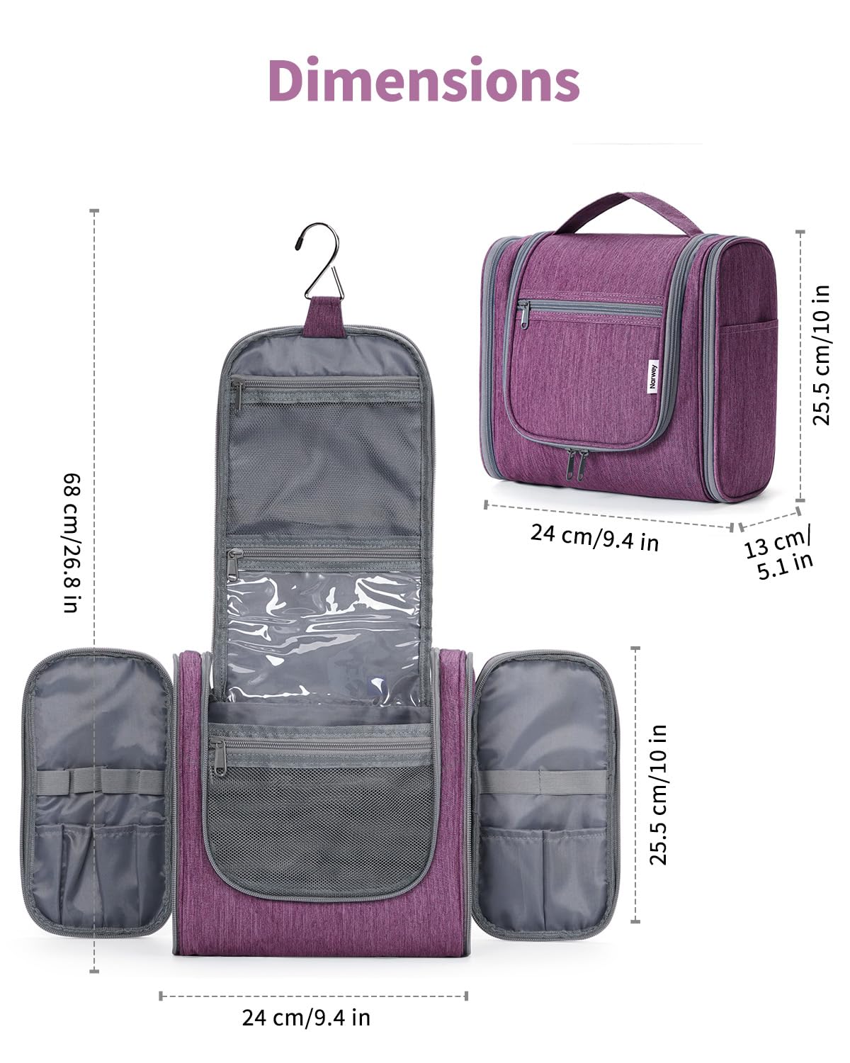 Narwey Neceser Mujer Bolsa de Aseo Colgante, Organizador de Maquillaje Neceser Viaje para Hombre y Mujer Accesorios de Viaje (moradoe(Grande)) — view 6