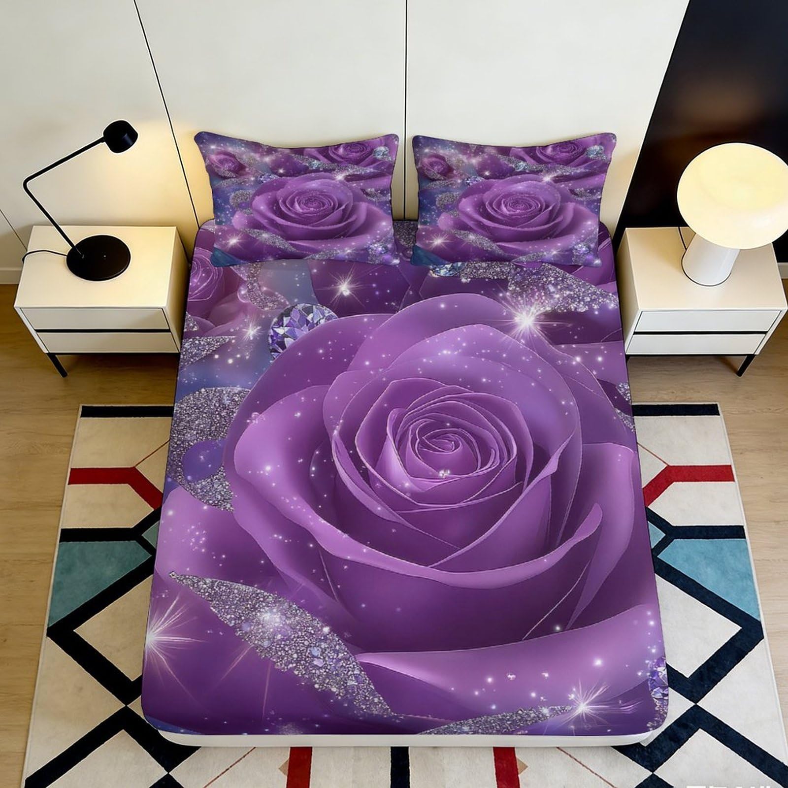 3D Printed Purple Rose Fitted Sheet Microfiber Soft Breathable Sparkling Floral Bed Cover for Bedroom Dormitory Guest Room Mattress Protection Decor 90x200x25cm