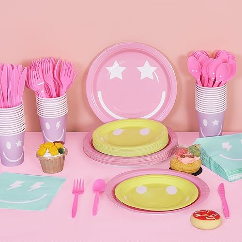 Miniatura 5 de durony 254 piezas de decoración de fiesta de cara sonriente pastel pastel sonriente platos de papel servilletas, tazas, tenedores, cuchillos,