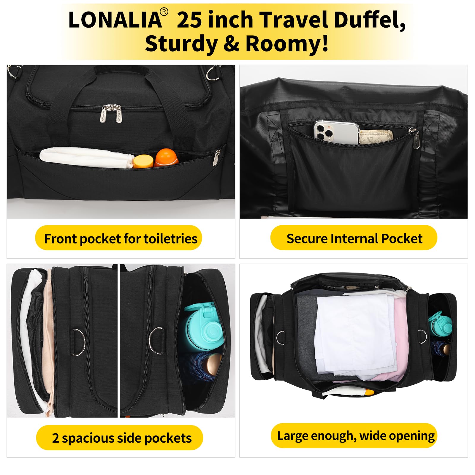 LONALIA 25 in Large Travel Duffel Bag for Men - 56L Roomy Weekender Bag with Trolley Sleeve (Black)