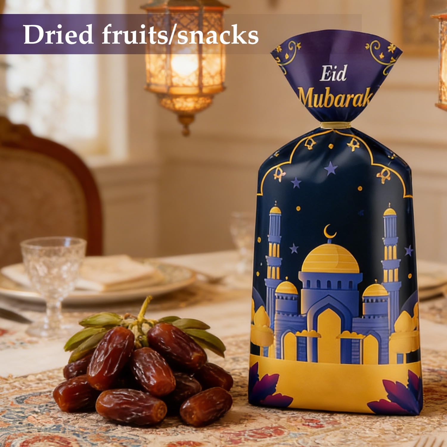 100 Pcs Eid Mubarak Cellophane Bags 4 Styles Ramadan Cello Bag Moon Star Castle Candy Bags with Twist Ties Multi-Color Treat Gift Bag for Goodies Ramadan Festival Party Favor