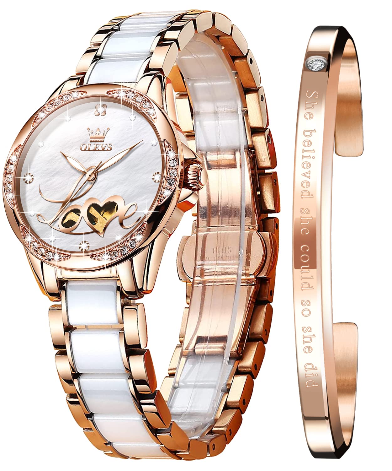 OLEVS Relojes automáticos para mujer, oro rosa, vestido de diamantes de moda, reloj de pulsera mecánico de dos tonos, correa de cerámica impermeable luminosa, juego de regalo, Esfera de amor