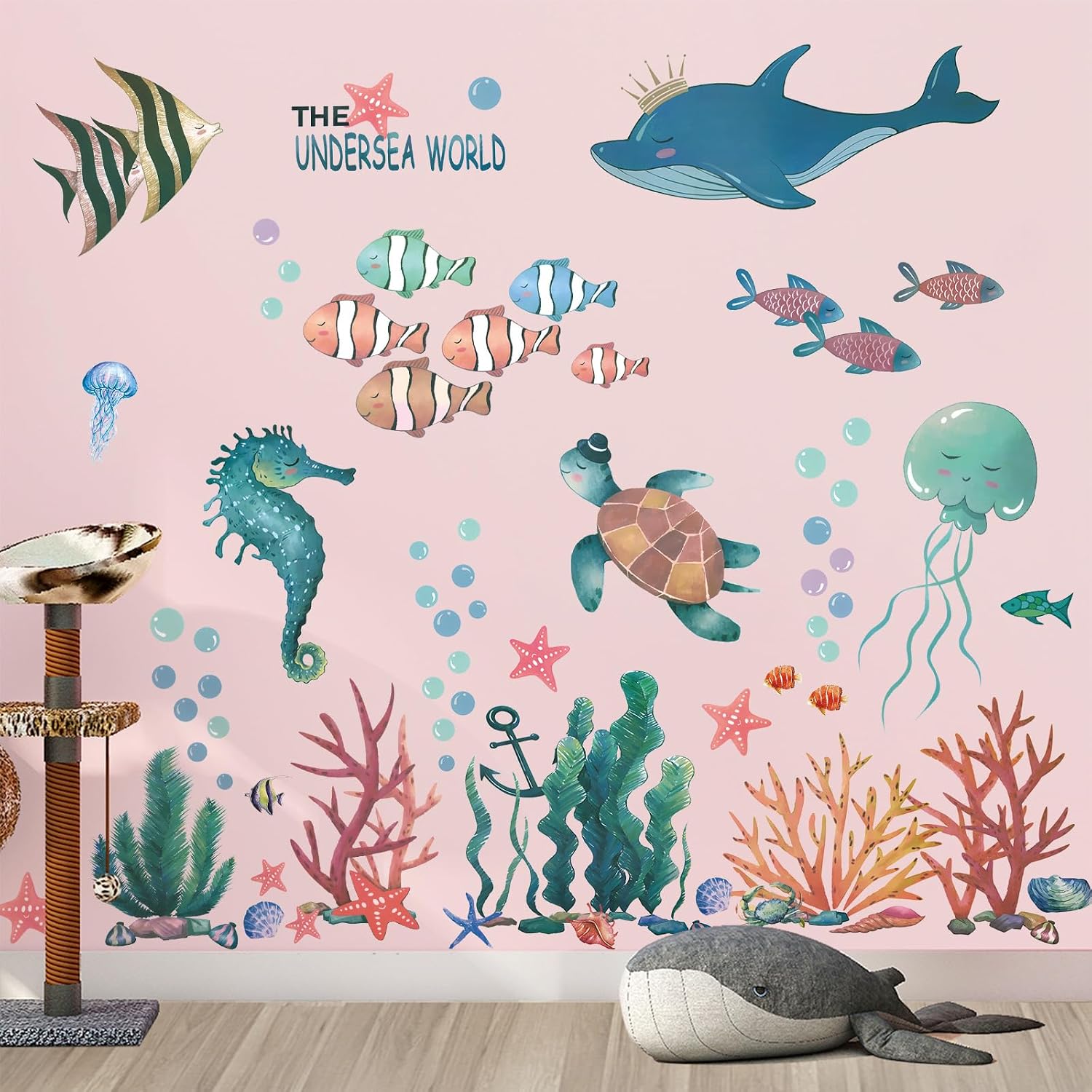 Watercolor Undersea World Wall Decals Removable Ocean Animals Whale Turtle Fish Seahorse Coral Stickers Peel and Stick Art Decor for Kids Bedroom Nursery Bathroom Living Room Home Wall Decoration (A)