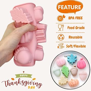 1-Piece Fall Silicone Chocolate Candy Mold, 3D Pumpkin Leaf Acorn Shapes