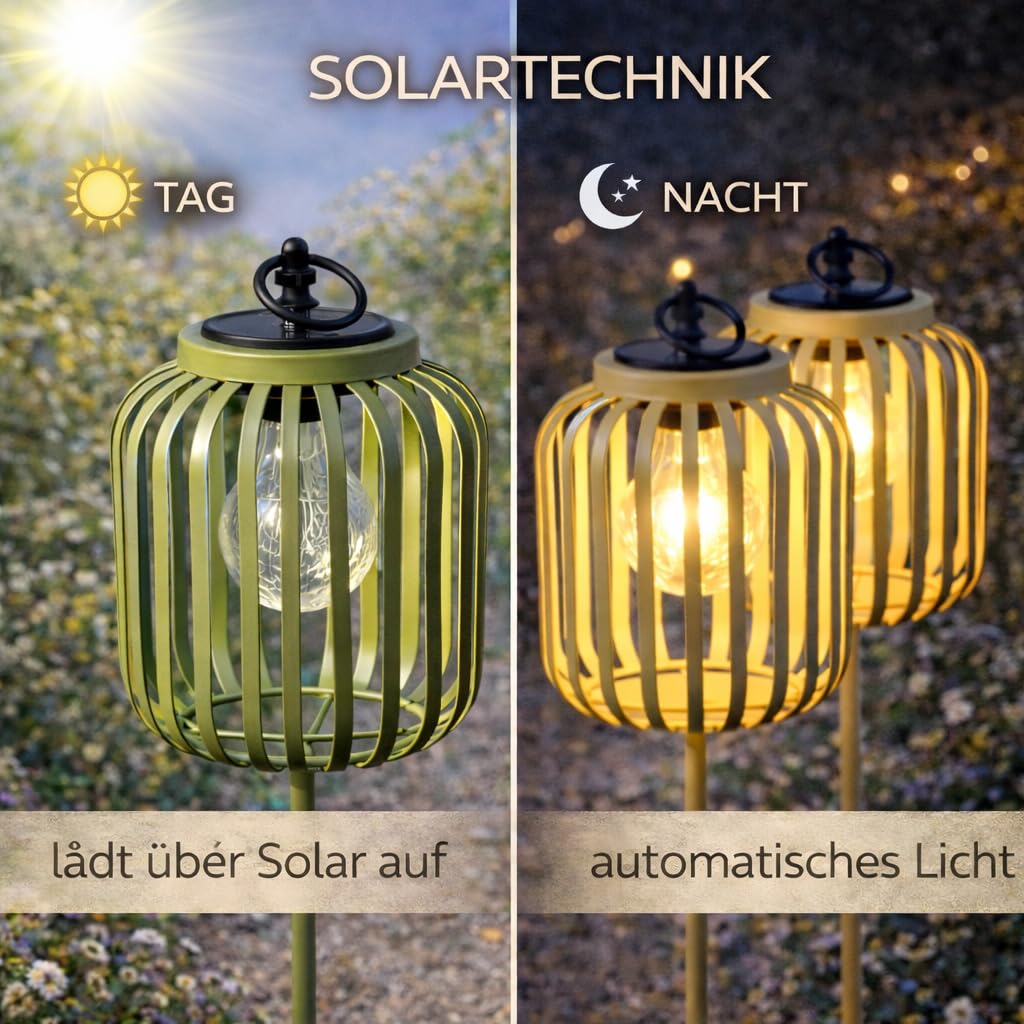formano 3er Set Solar Gartenstecker Windlicht Solarleuchten mit LED-Birne & Dämmerungssensor Metall Gartenbeleuchtung IP44 für Garten Beet & Terrasse dekorative Solar Lampen Höhe 87 cm Ø16 cm