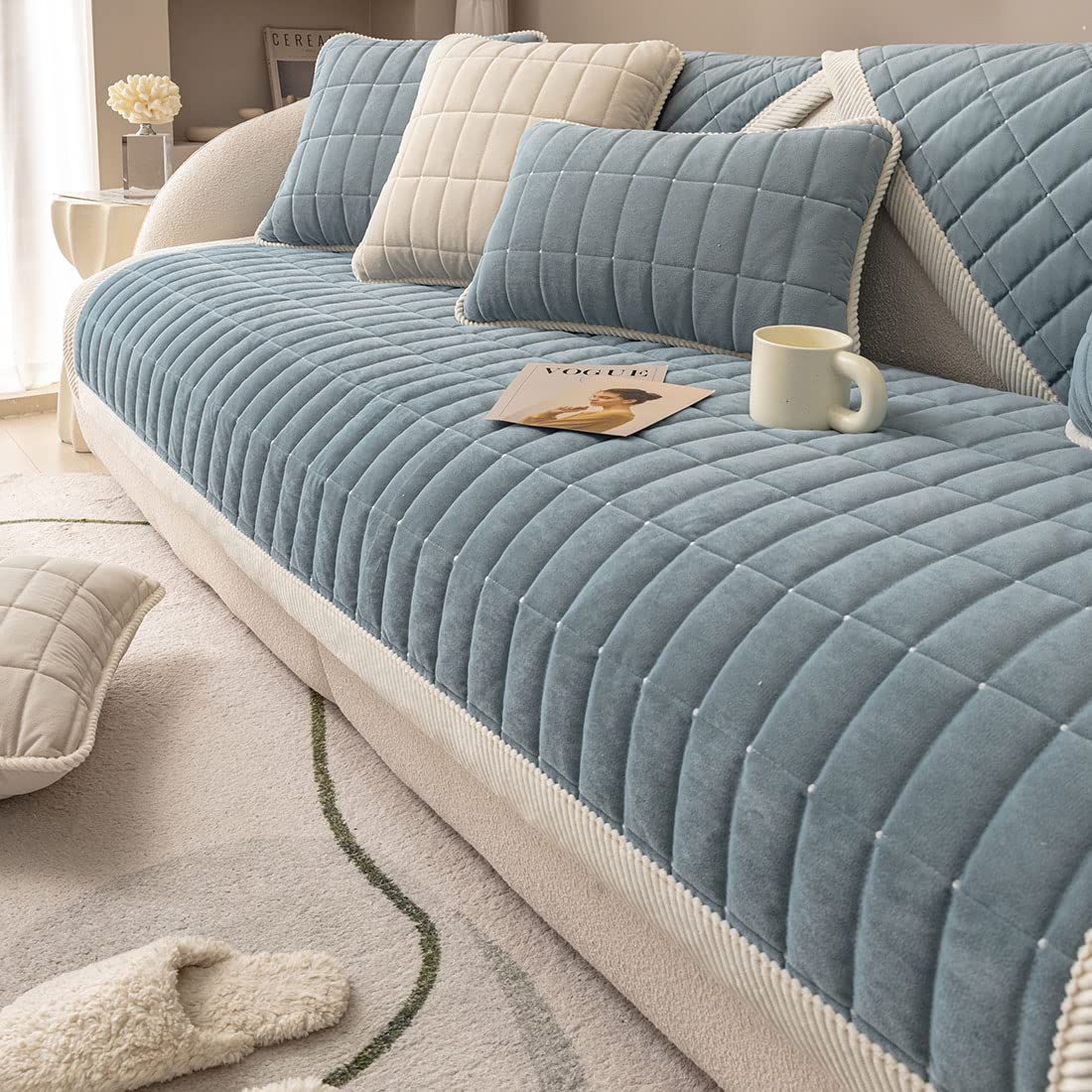 vctops Velvet Plush Plaid Quilted Sofa Cover Super Soft Non Slip Sectional Couch Cover Farmhouse Fluffy Fuzzy Sofa Slipcover Furniture Protector for